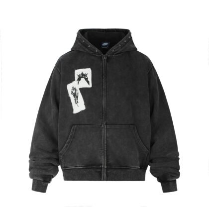 Distressed Washed Studs Patch Embroidery Zipper Hooded Drop Shoulder Sweatshirt Jacket for Men Women