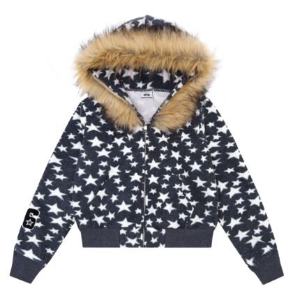 Retro All-Over Star Print Zip-Up Hooded Crop Jacket with Faux Fur Trim for Women
