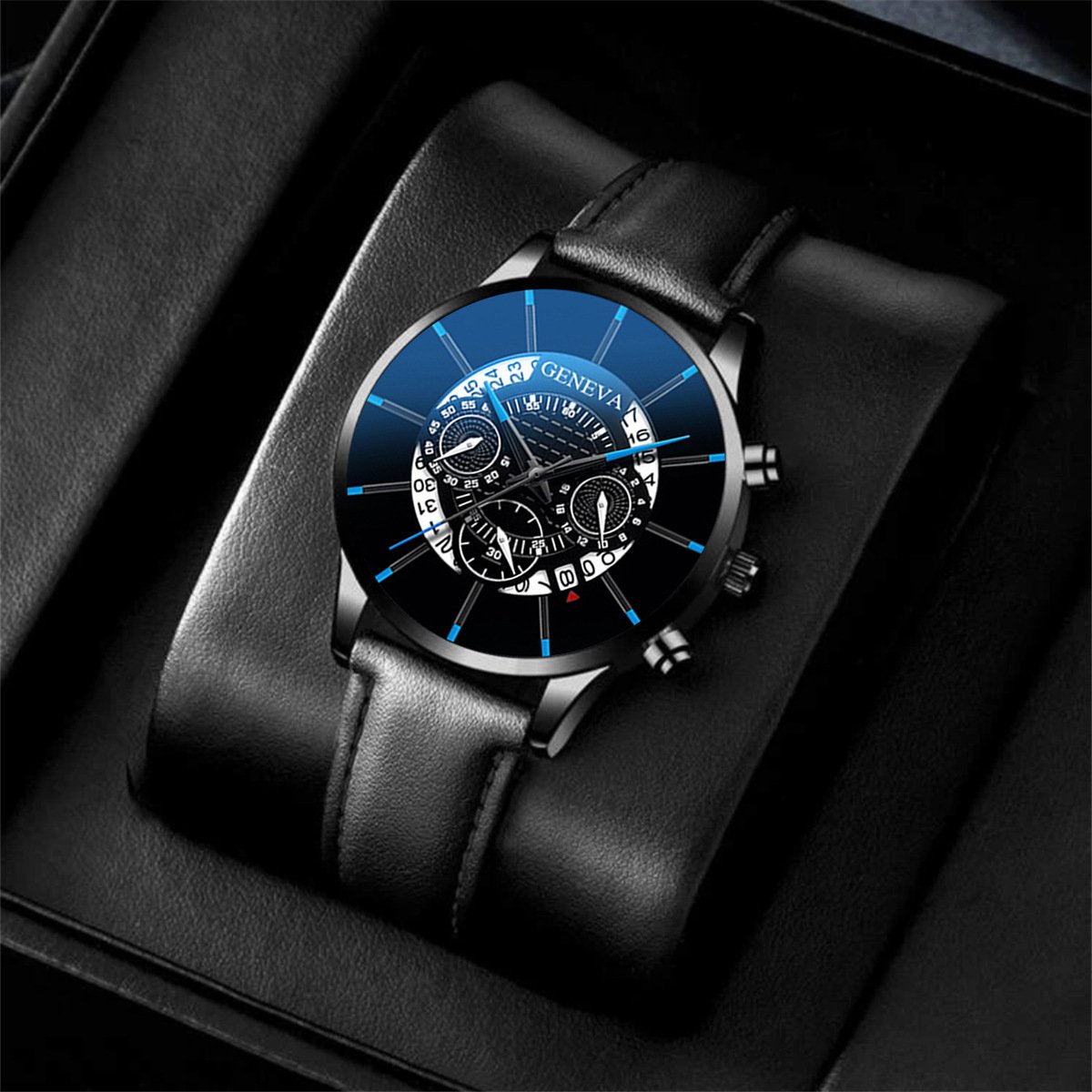 Casual Business Men's Leather Watch with Calendar and Three-Eye Design, Quartz Wristwatch Set - Image 8