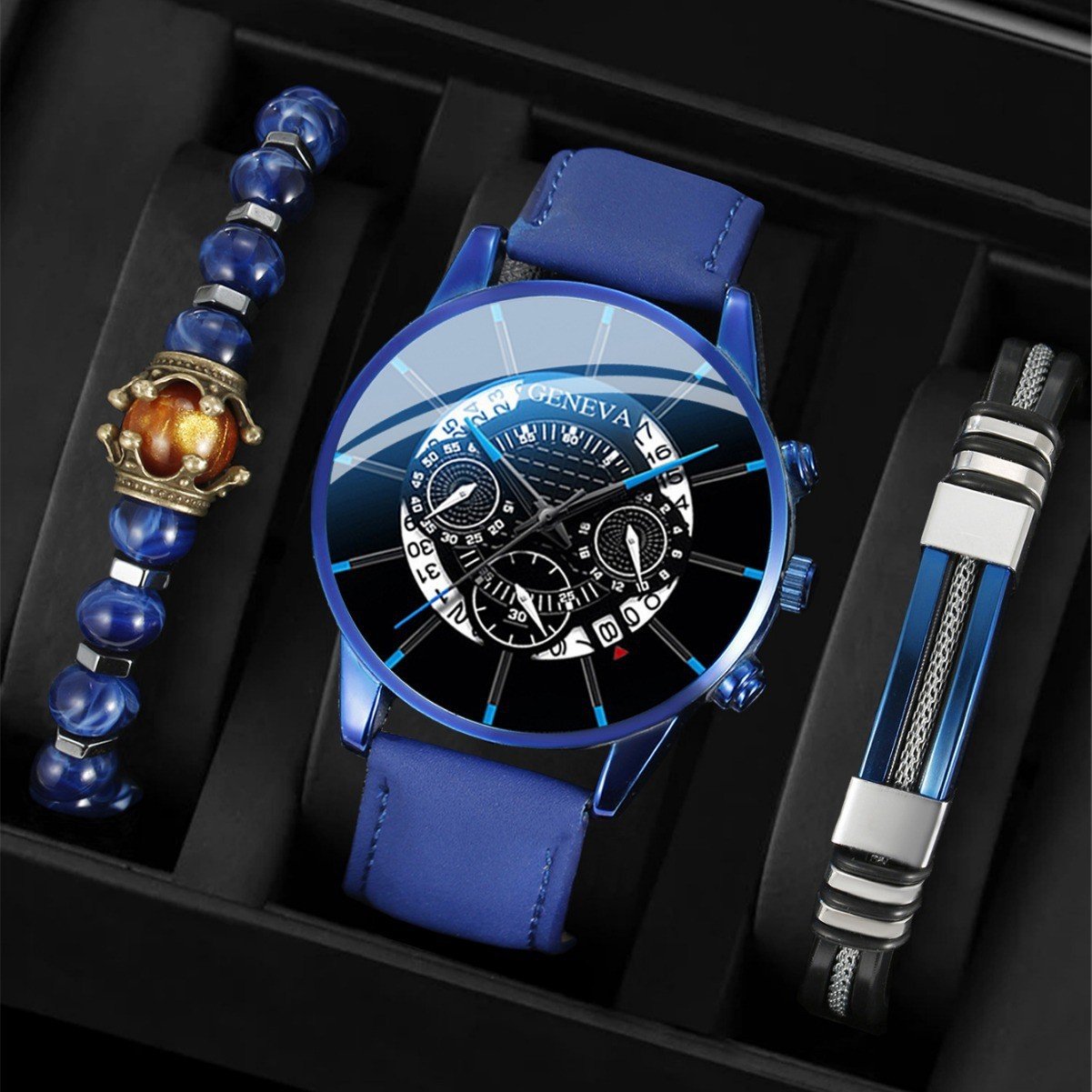 Casual Business Men's Leather Watch with Calendar and Three-Eye Design, Quartz Wristwatch Set - Image 7