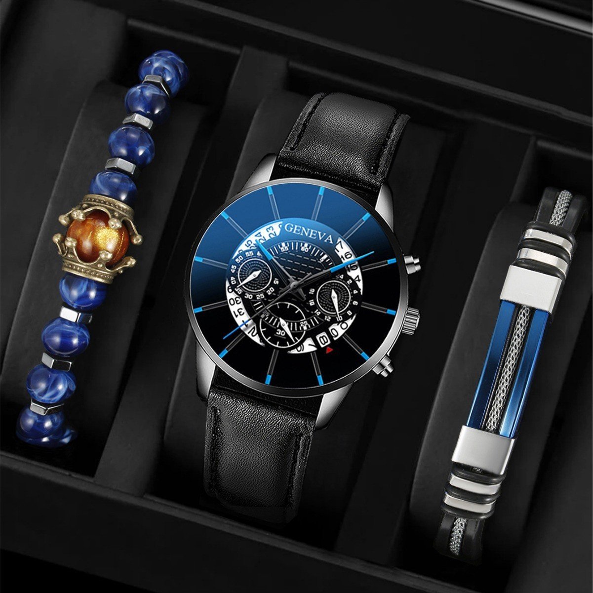 Casual Business Men's Leather Watch with Calendar and Three-Eye Design, Quartz Wristwatch Set - Image 6