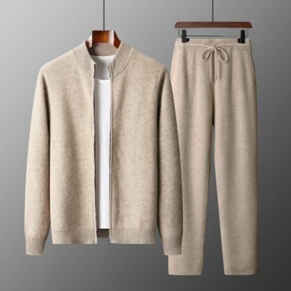 Men's 100% Australian Wool Stand Collar Zipper Cardigan Jacket Pants Set