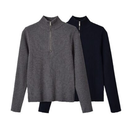 Zipper pullover stand up collar long sleeved knitted sweater for women