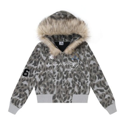 Leopard Print Zip-Up Jacket Short Hooded Coat with Detachable Fur Collar