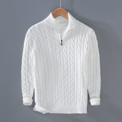 Men's Thickened Coarse Knit Mock Neck Zipper Loose Pullover Sweater